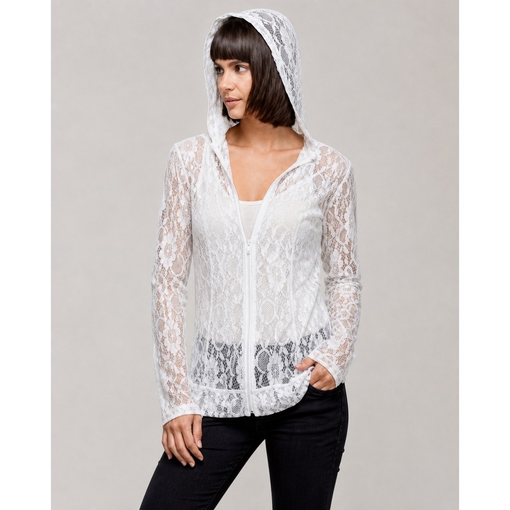 Anatomie Bette Lace Zip-Up Jacket M Hooded Floral Sheer Mesh White Hoodie Travel
